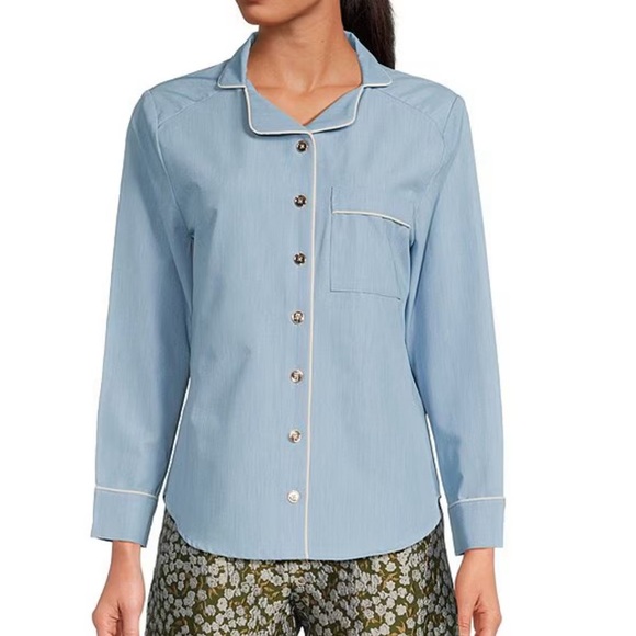 NWT DENIM CHAMBRAY NOTCH COLLAR CHEST POCKET LONG SLEEVE TOP - Picture 1 of 8